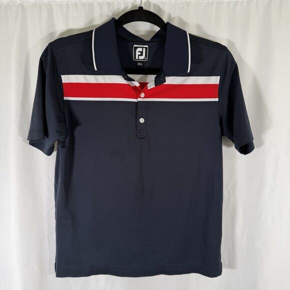 Footjoy Golf Polo Juniors Large Navy Blue Striped Short Sleeve 1/4 Button Tech - Picture 1 of 9